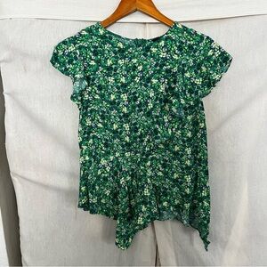 Topshop Green Floral Ruffle Top